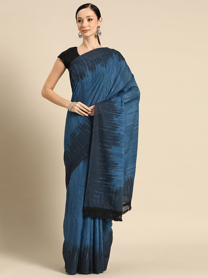 Buta Buti Blue Colour Abstract Printed Pure Cotton Saree With Unstitched Blouse And Lace