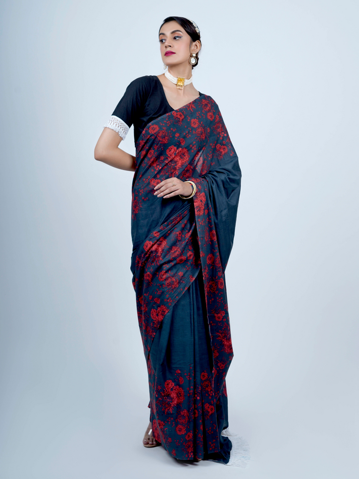 Buta Buti Floral Printed Cotton Tasseled Saree