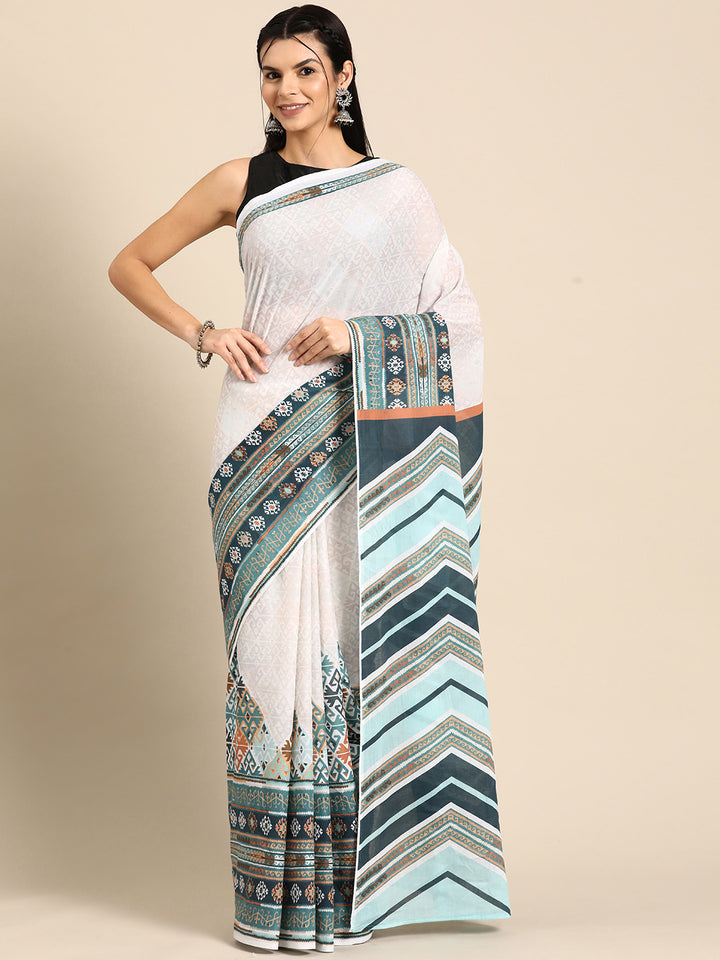 Buta Buti Multi Colour Geometric  Printed Pure Cotton Saree With Unstitched Blouse