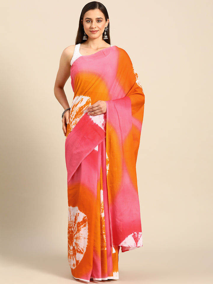 Buta Buti Red Colour Tie and Dye Printed Pure Cotton Saree With Unstitched Blouse And Lace