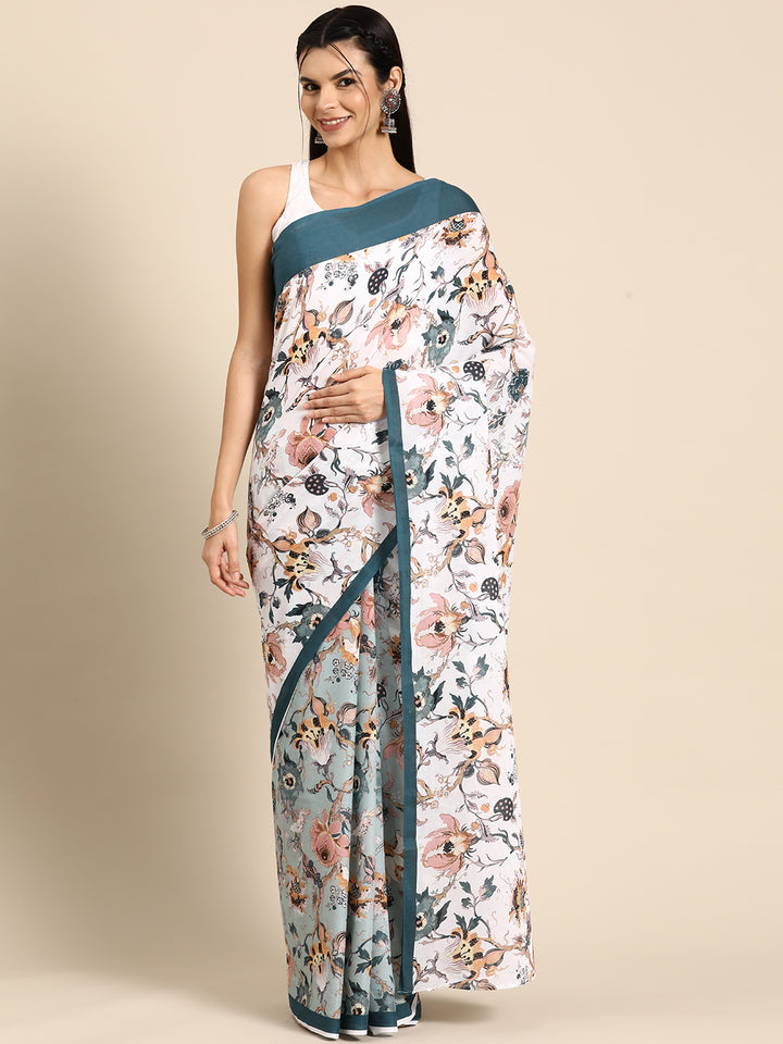 Buta Buti Multi Colour Floral  Printed Pure Cotton Saree With Unstitched Blouse