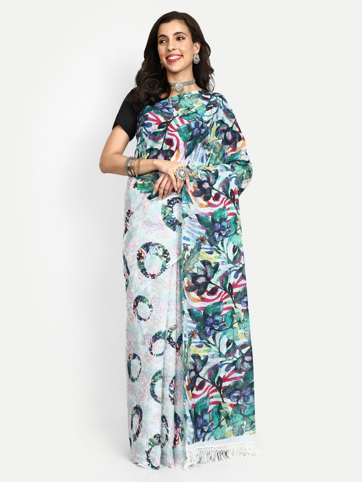 Buta Buti Water Colour Art Printed Pure Cotton Tasseled Saree