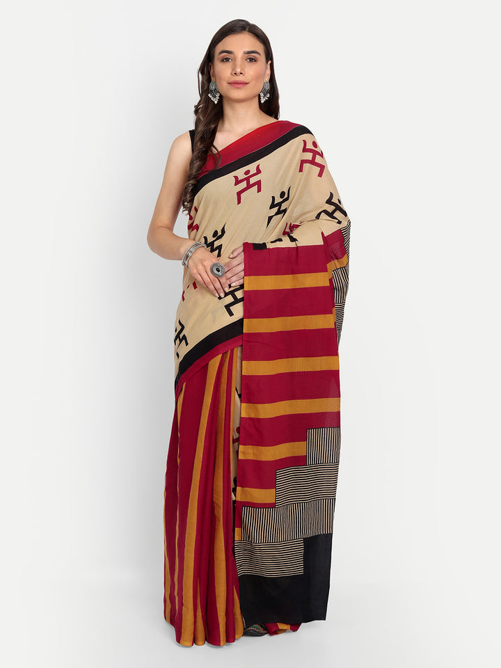 Buta Buti Beige & Red Ethnic Motifs Pure Cotton Saree