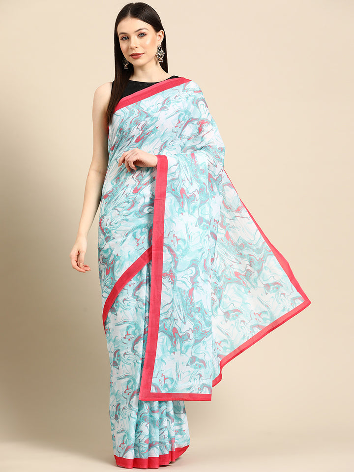 Buta Buti Blue Colour Abstract  Printed Pure Cotton Saree With Unstitched Blouse