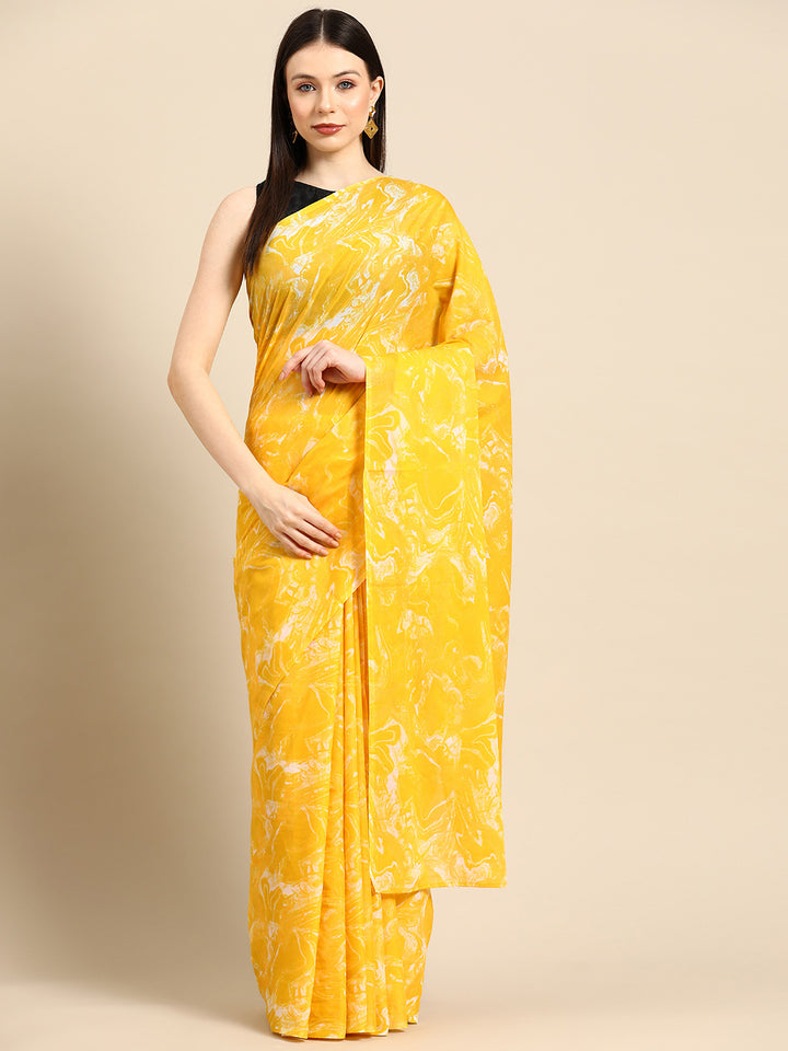 Buta Buti Yellow Colour Abstract  Printed Pure Cotton Saree With Unstitched Blouse