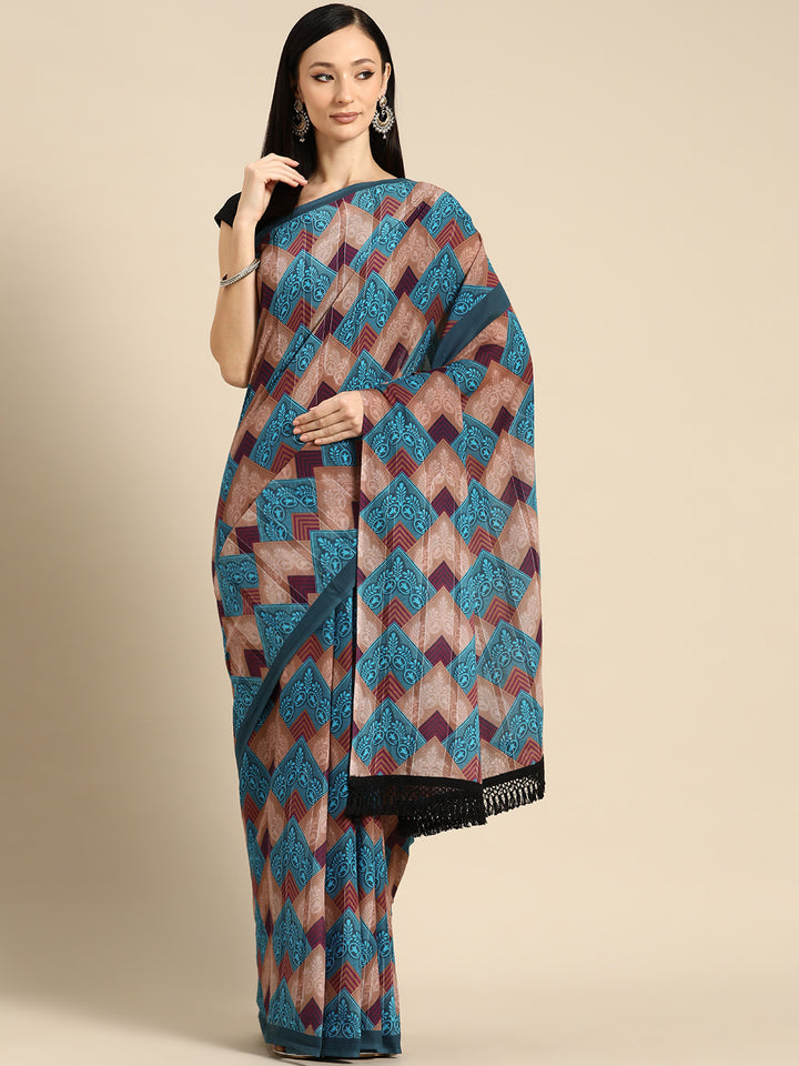 Buta Buti Blue Colour Abstract Printed Pure Cotton Saree With Unstitched Blouse And Lace