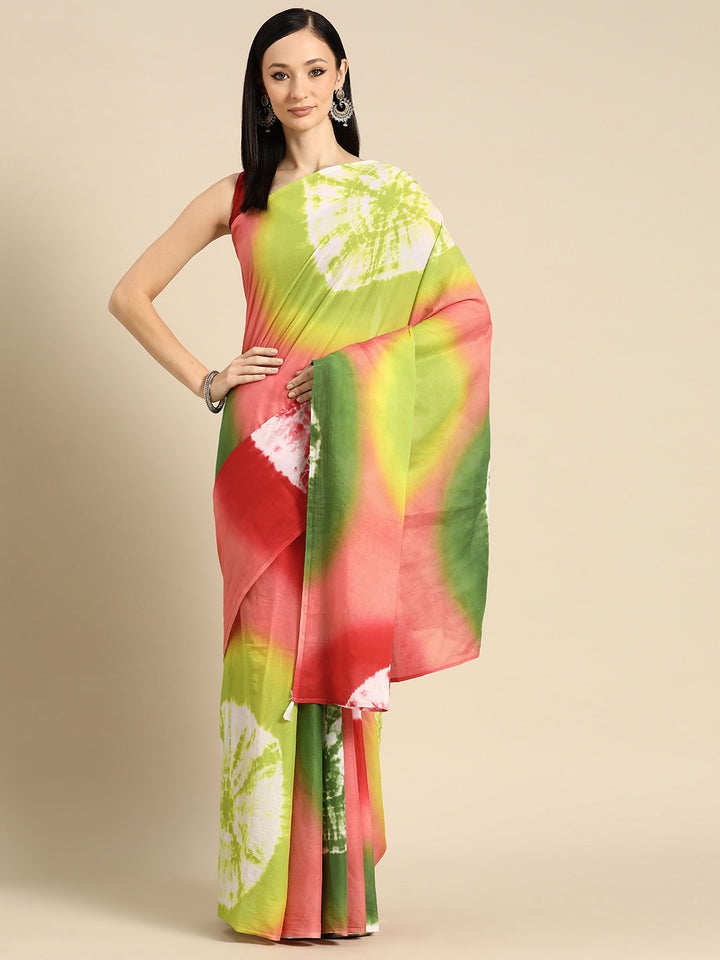 Buta Buti Multi Colour Tie and Dye Printed Pure Cotton Saree With Unstitched Blouse And Lace