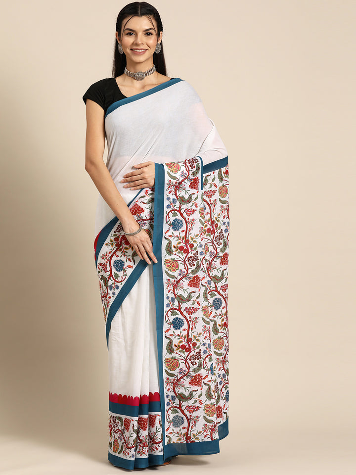 Buta Buti White Colour Floral  Printed Pure Cotton Saree With Unstitched Blouse