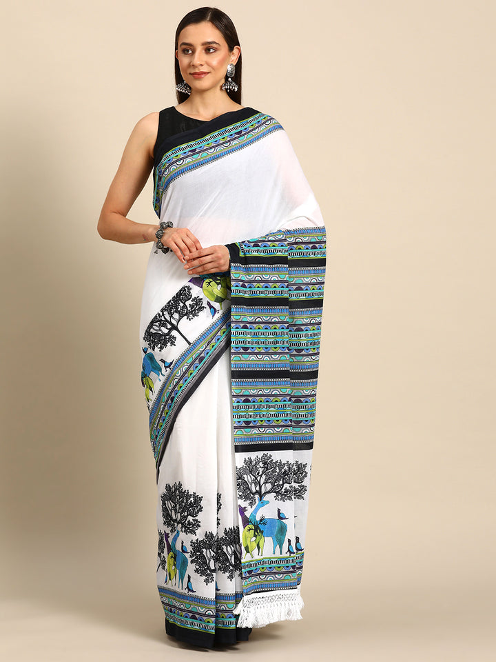 Buta Buti Multi Colour Abstract Printed Pure Cotton Saree With Unstitched Blouse And Lace