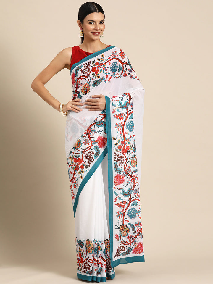 Buta Buti White Colour Floral  Printed Pure Cotton Saree With Unstitched Blouse