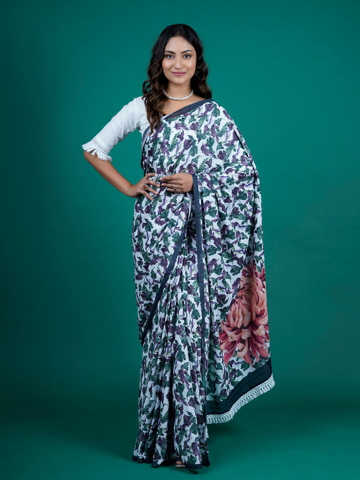 Buta Buti Multi Color Floral Printed Pure Cotton Saree With Unstitched Blouse And lace