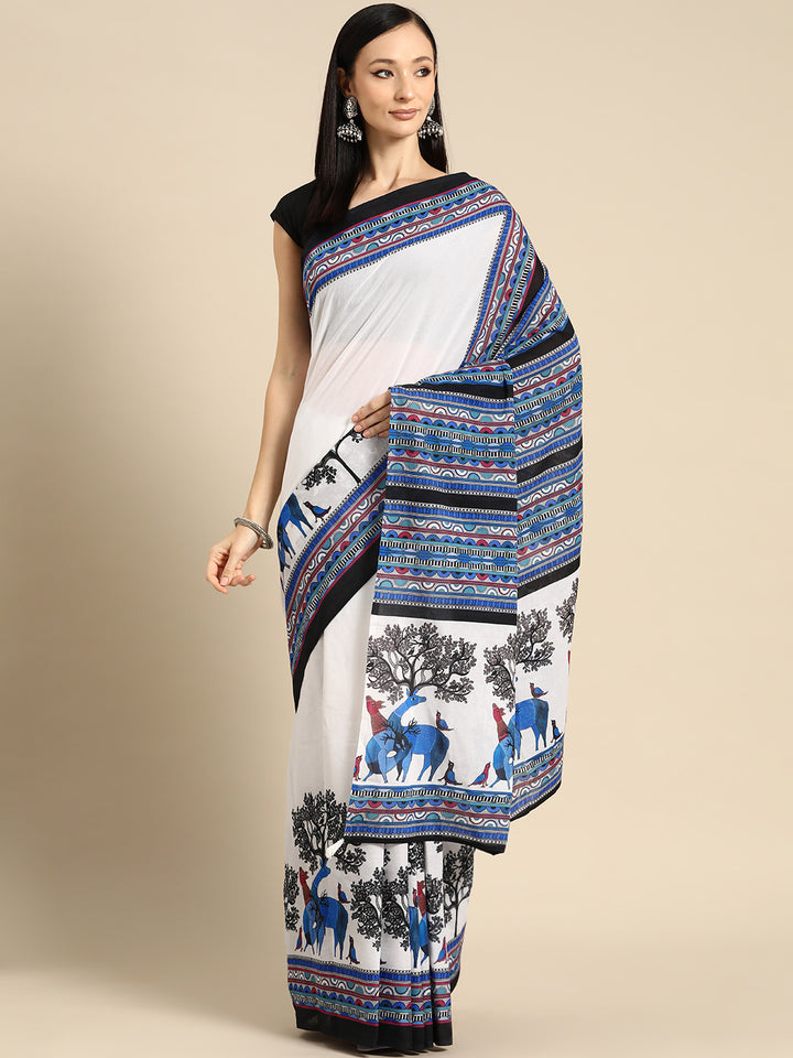 Buta Buti Blue Colour Abstract Printed Pure Cotton Saree With Unstitched Blouse And Lace