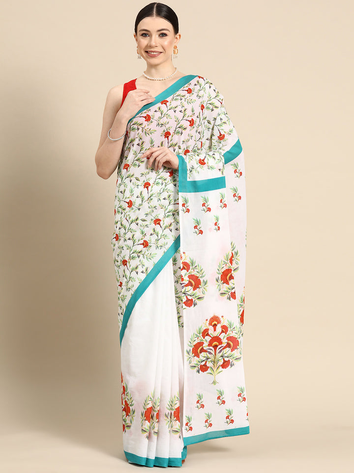 Buta Buti Green Colour Floral  Printed Pure Cotton Saree With Unstitched Blouse