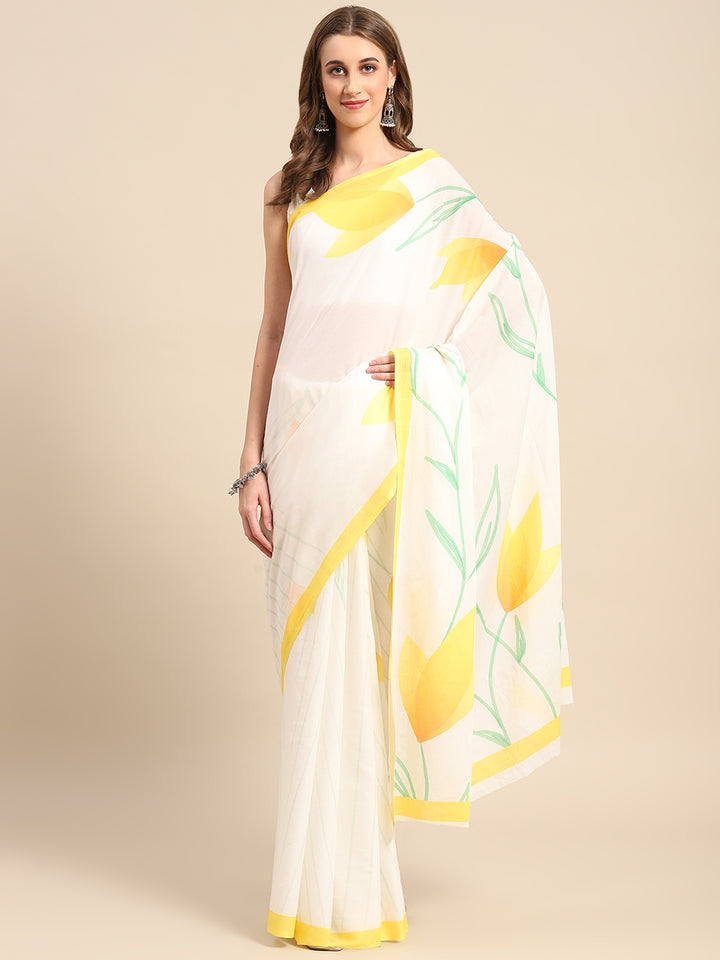 Buta Buti Yellow Color Floral  Printed Saree With Unstitched Blouse