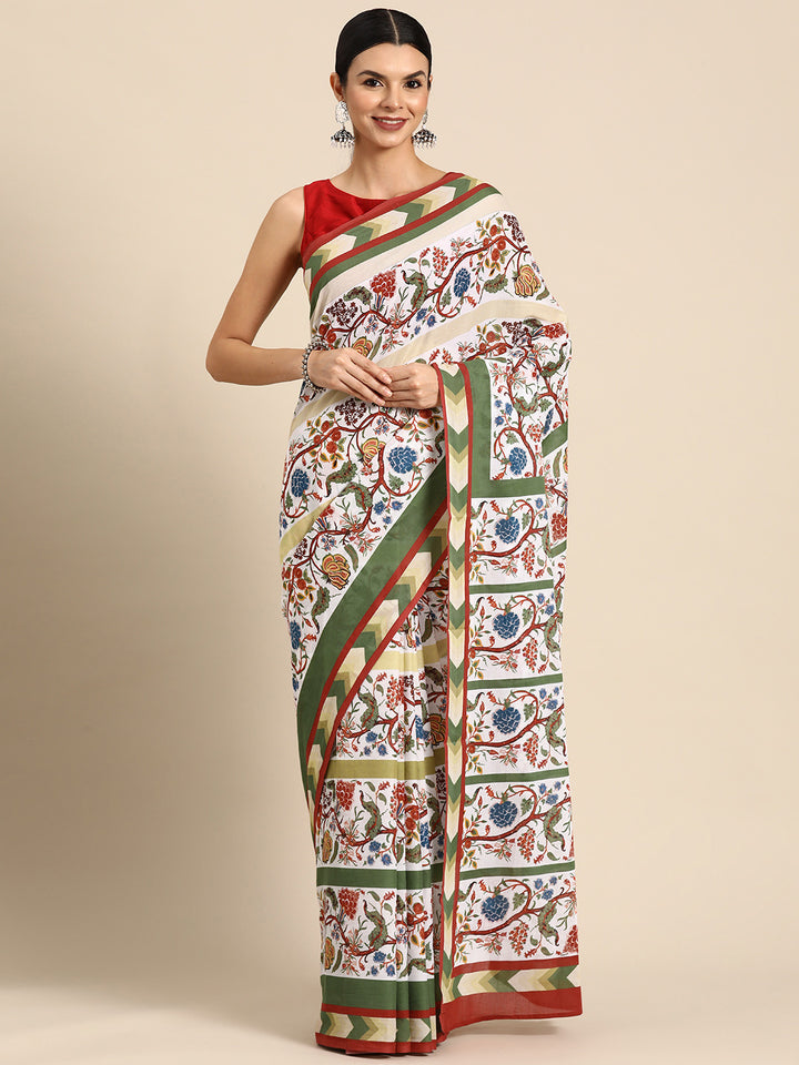 Buta Buti White Colour Floral  Printed Pure Cotton Saree With Unstitched Blouse