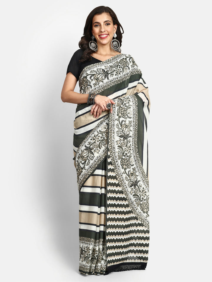 Buta Buti Stripes Chintz Floral Printed Pure Cotton Tasseled Saree