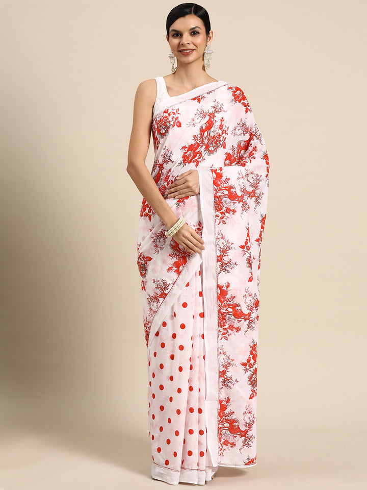 Buta Buti Red Colour Floral Printed Pure cotton Saree With Unstitched Blouse