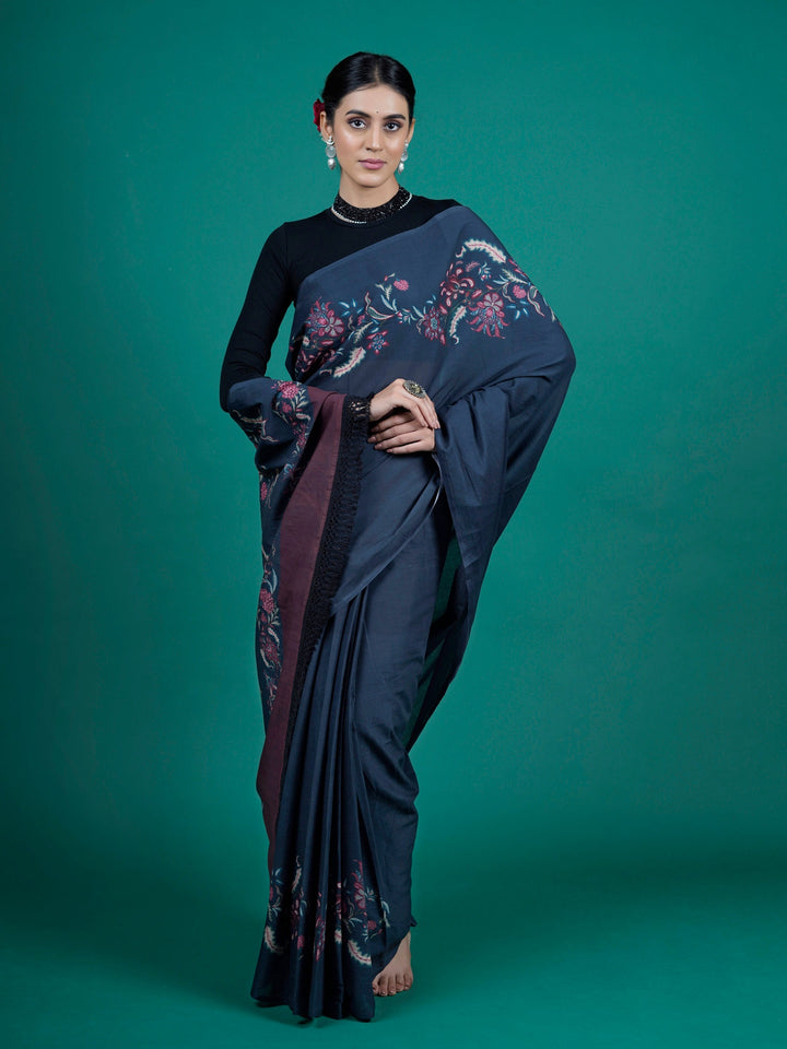 Buta Buti Blue Color Floral Printed Pure Cotton Saree With Unstitched Blouse And lace