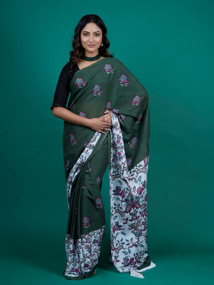 Buta Buti Chintz Floral Printed Cotton Tasseled Saree
