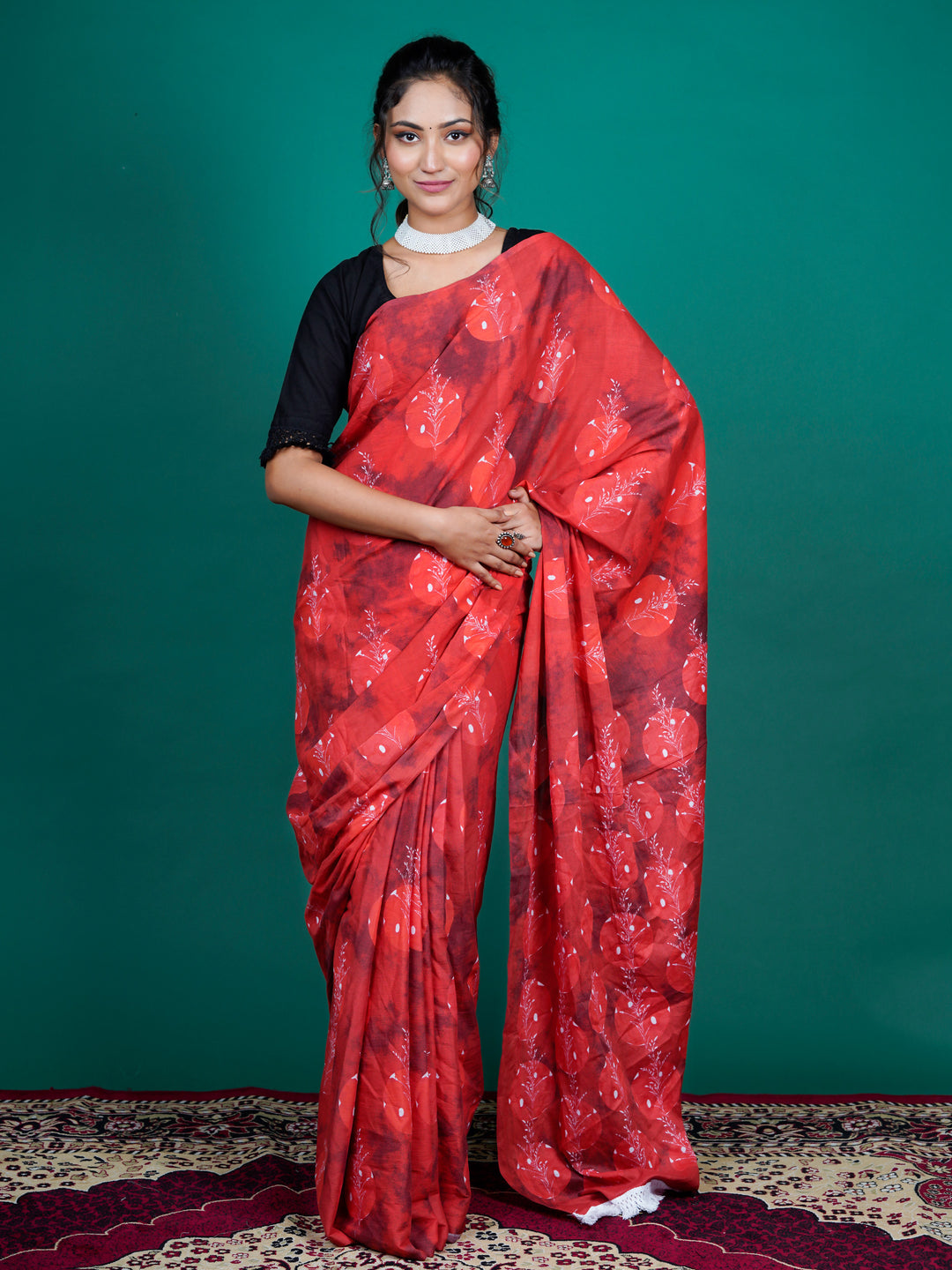 Buta Buti Red Color Floral Printed Pure Cotton Saree With Unstitched Blouse And lace