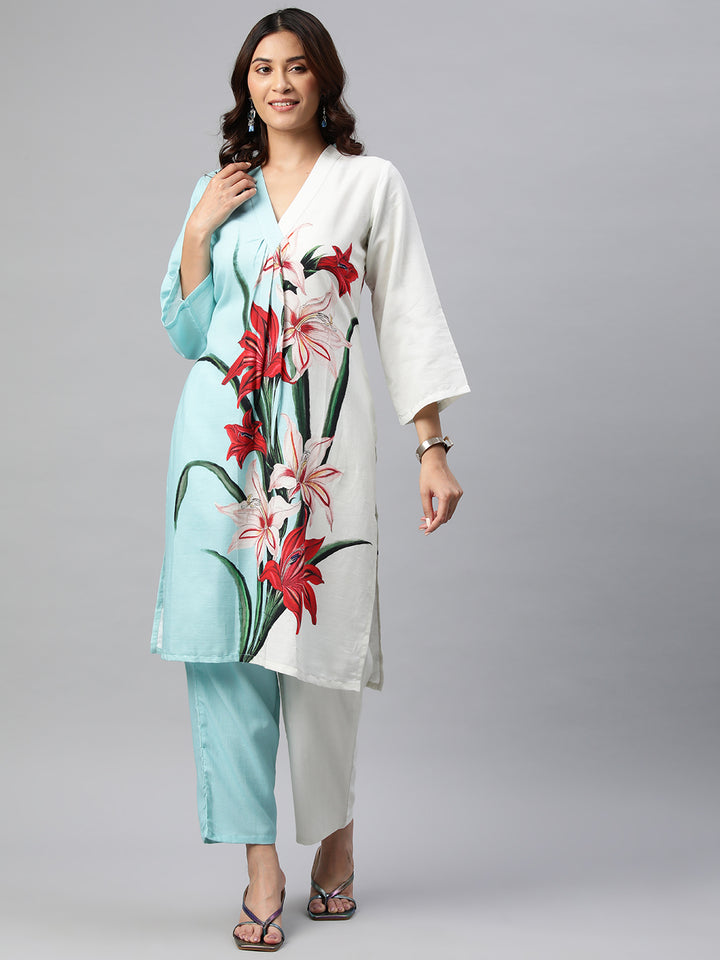 Blue Color Floral Printed Pure Cotton  Kurta Set