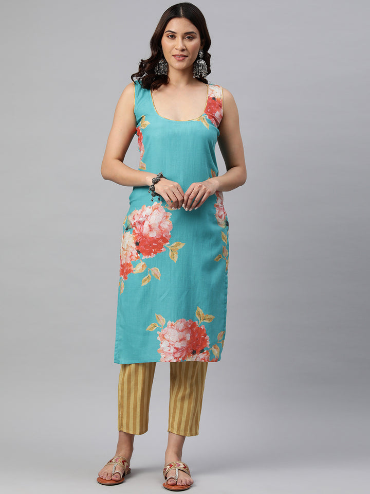 Blue Color Floral Printed Pure Cotton  Kurta Set