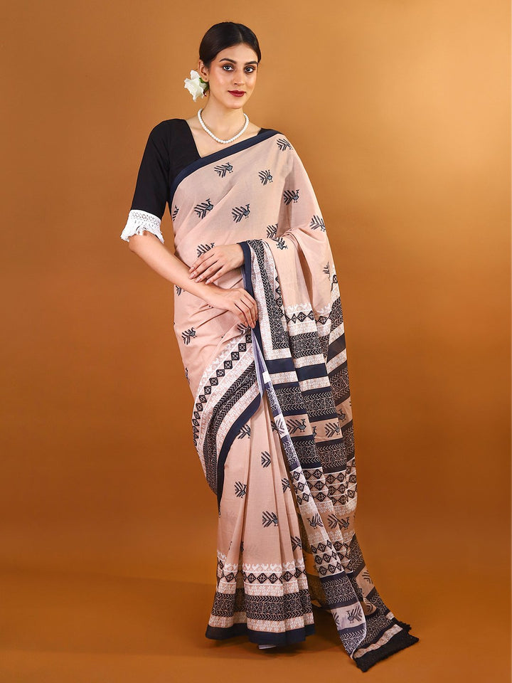 Buta Buti Peach Colour Abstract Printed Pure Cotton Saree With Unstitched Blouse And Lace