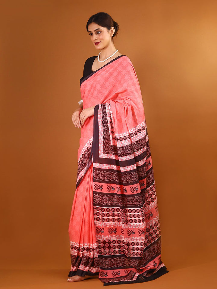 Buta Buti Pink Colour Abstract Printed Pure Cotton Saree With Unstitched Blouse And Lace