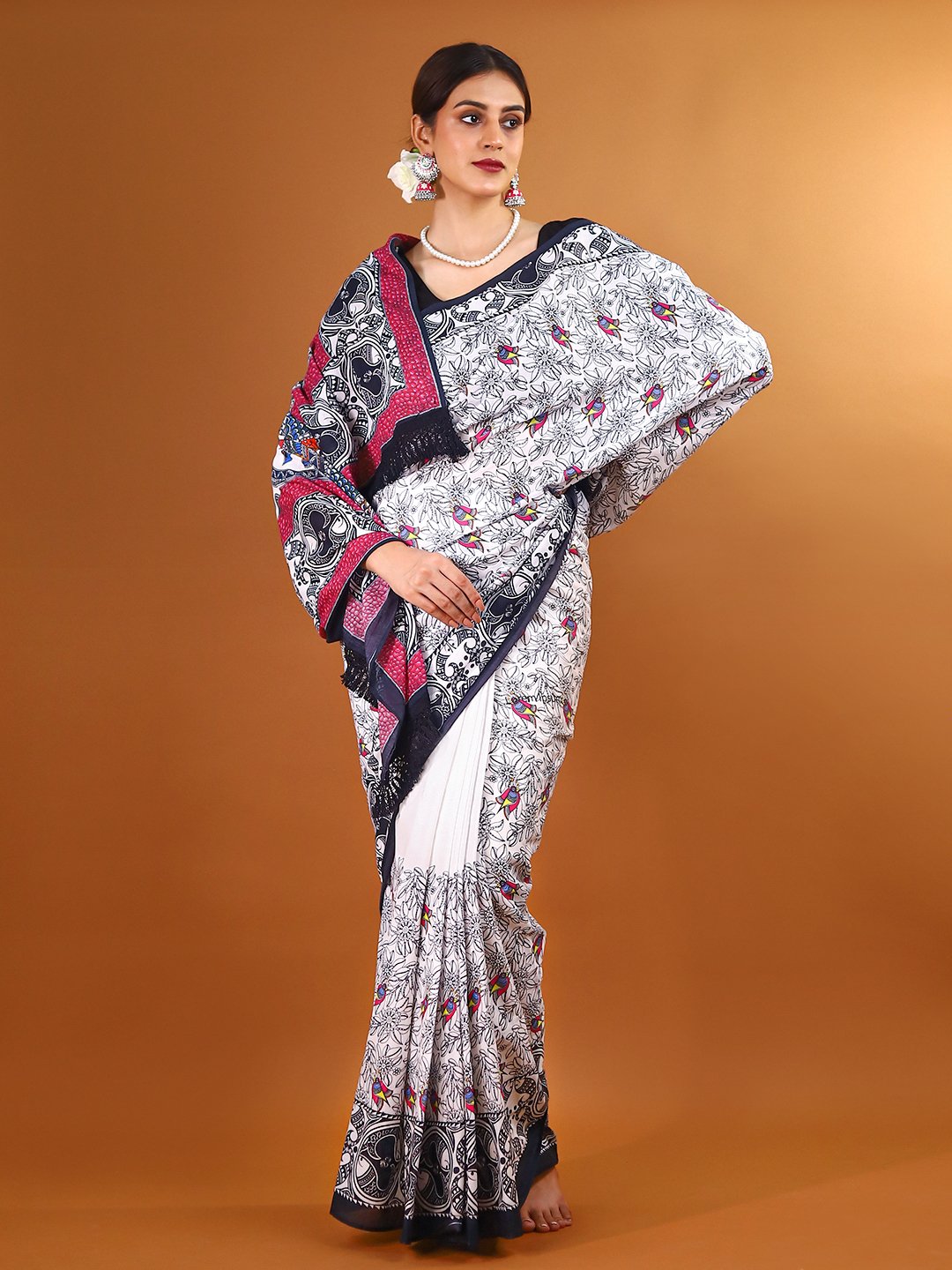 Buta Buti White Colour Floral Printed Pure Cotton Saree With Unstitched Blouse And Lace