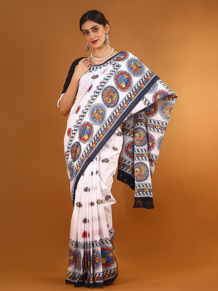 Buta Buti Multi Colour Abstract Printed Pure Cotton Saree With Unstitched Blouse And Lace