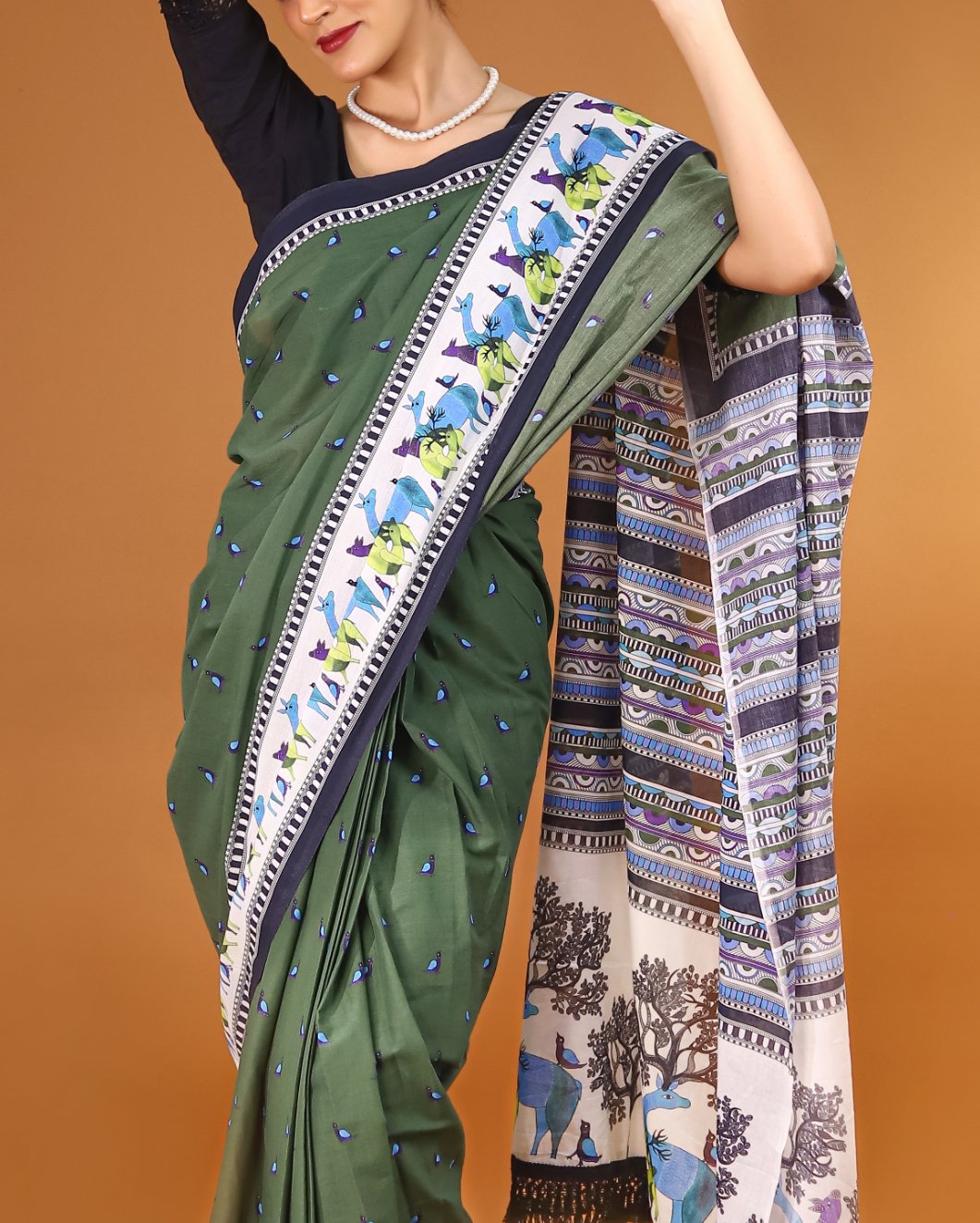 Buta Buti Green Colour Abstract Printed Pure Cotton Saree With Unstitched Blouse And Lace