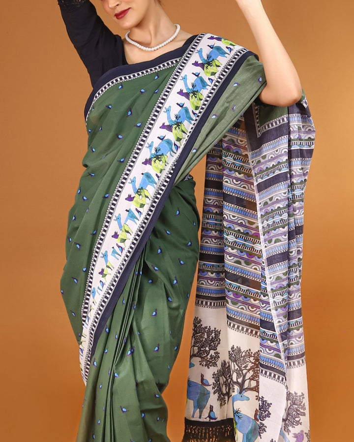 Buta Buti Green Colour Abstract Printed Pure Cotton Saree With Unstitched Blouse And Lace