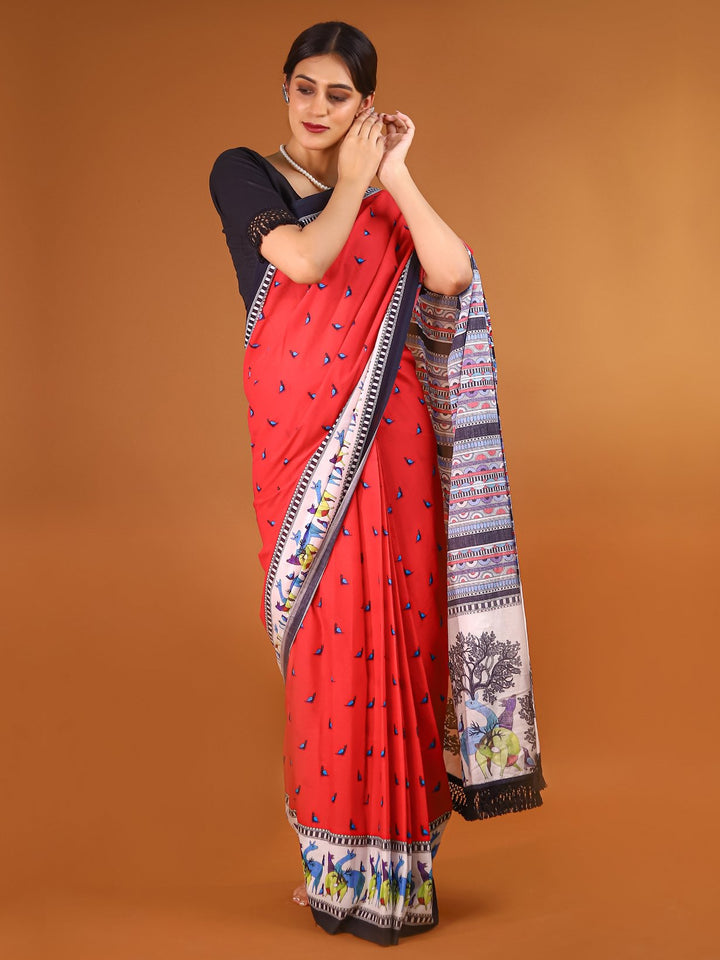 Buta Buti Red Colour Abstract Printed Pure Cotton Saree With Unstitched Blouse And Lace