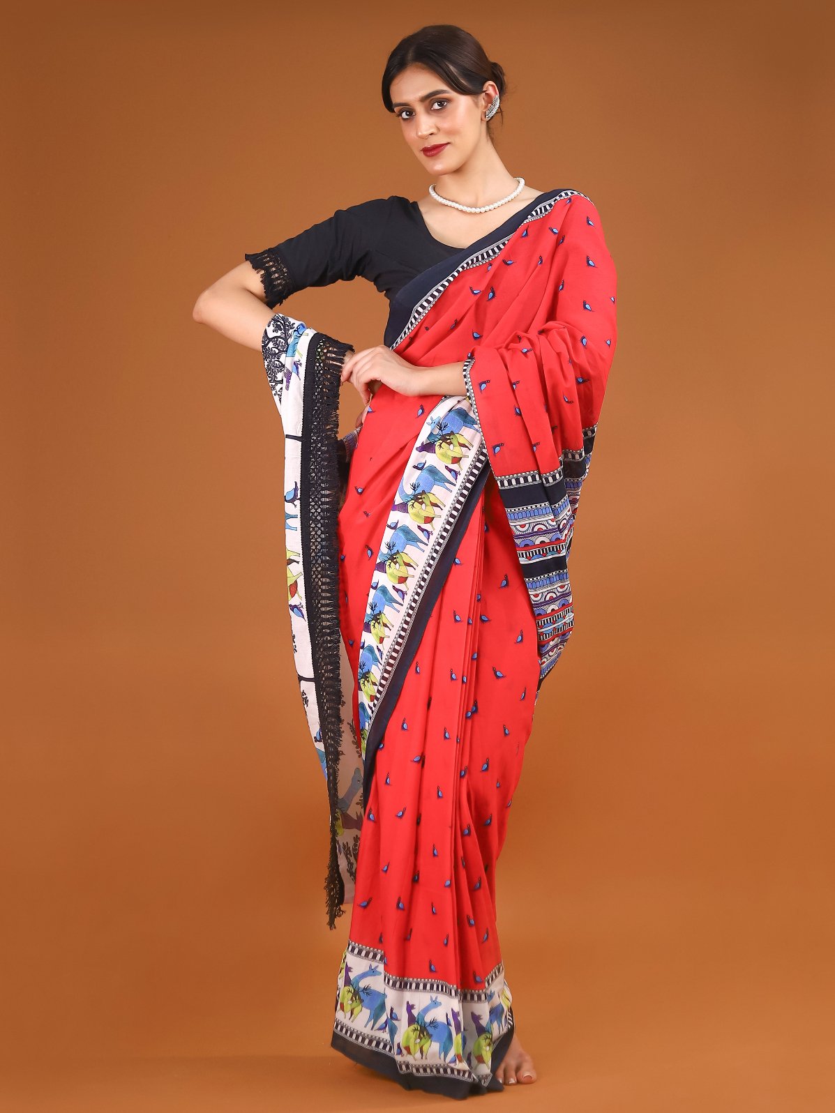 Buta Buti Red Colour Abstract Printed Pure Cotton Saree With Unstitched Blouse And Lace
