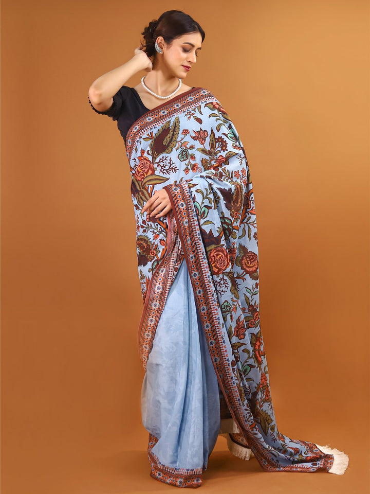 Buta Buti Blue Colour Floral Printed Pure Cotton Saree With Unstitched Blouse And Lace