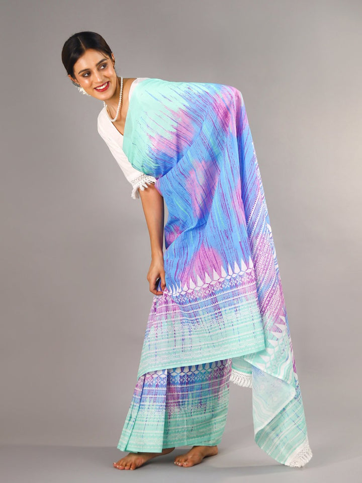 Buta Buti Multi Colour Tie and Dye Printed Pure Cotton Saree With Unstitched Blouse And Lace