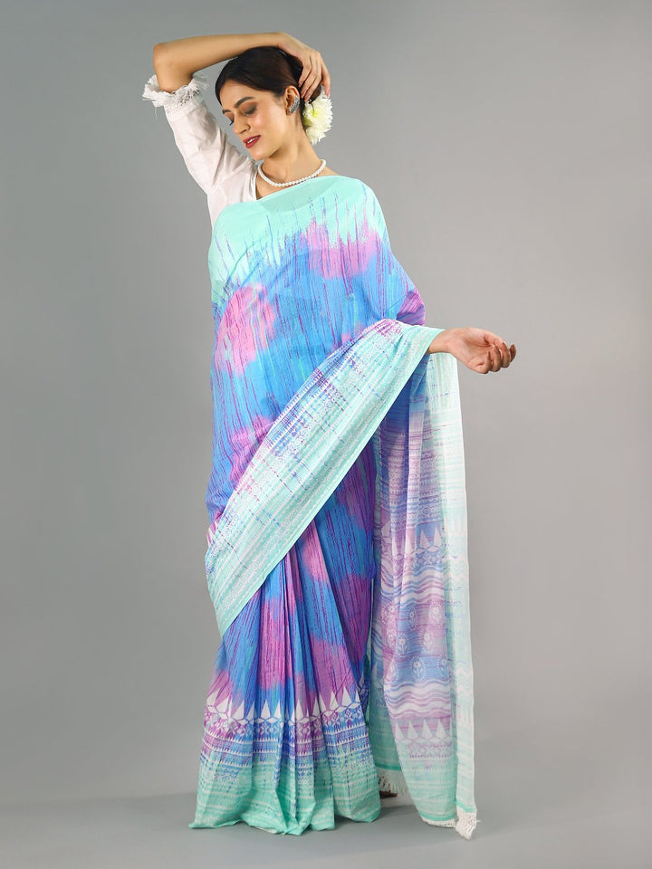 Buta Buti Multi Colour Tie and Dye Printed Pure Cotton Saree With Unstitched Blouse And Lace