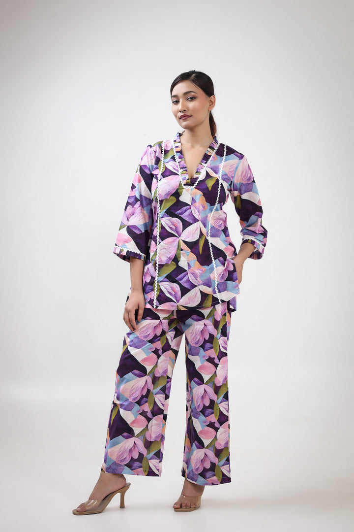 Purple floral printed coordset