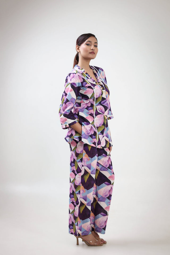 Purple floral printed coordset