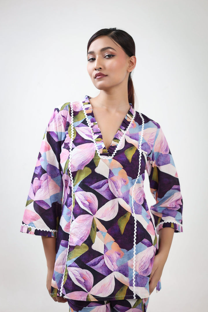 Purple floral printed coordset