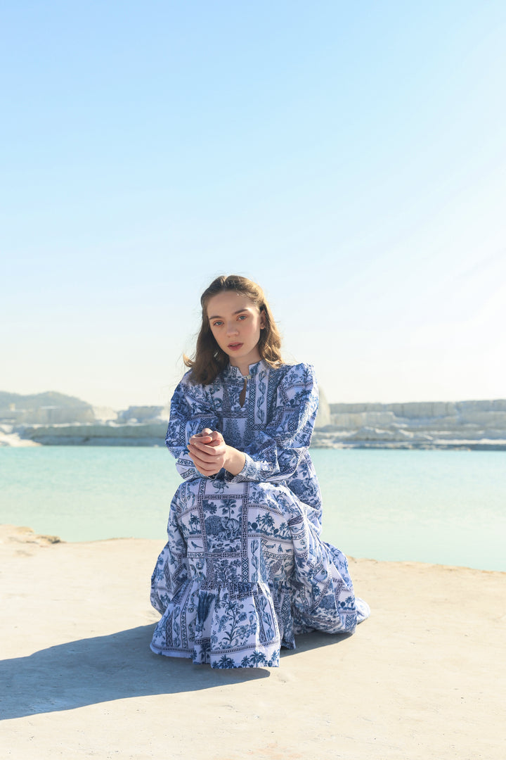 Blue brid print tier maxi dress)
