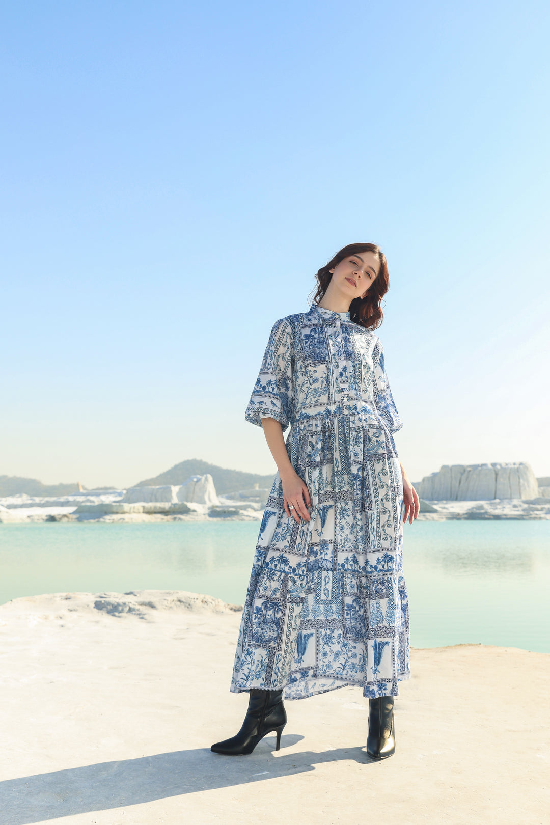blue feather maxi dress Navy Blue Feather-Print Ruched Maxi Dress