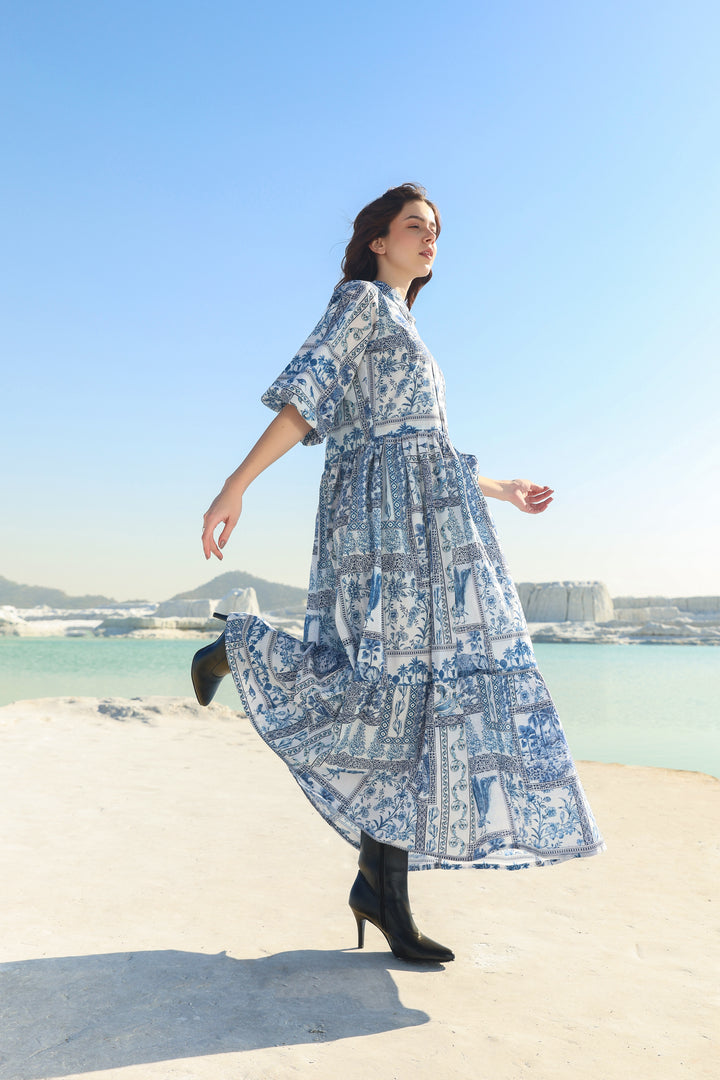 Blue feather  print tier maxi dress