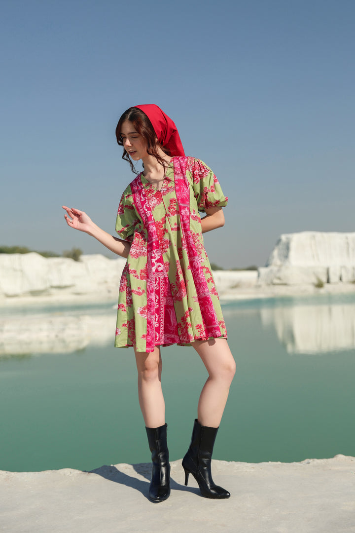 Hot summery pink green patch Mini dress