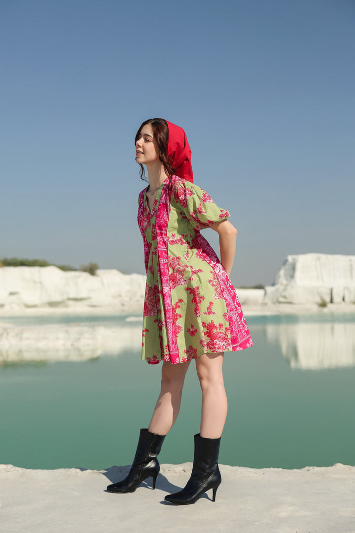 Hot summery pink green patch Mini dress