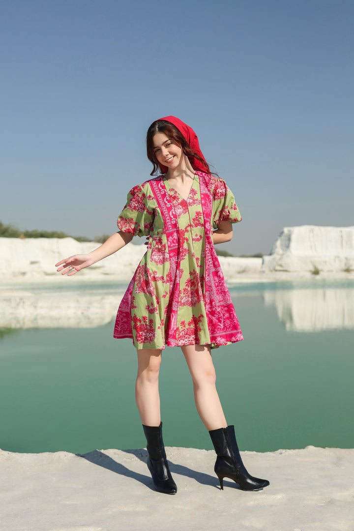 Hot summery pink green patch Mini dress