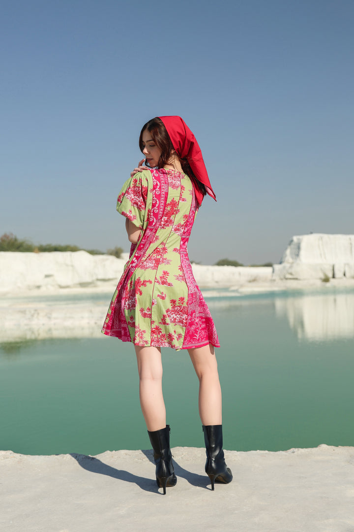 Hot summery pink green patch Mini dress