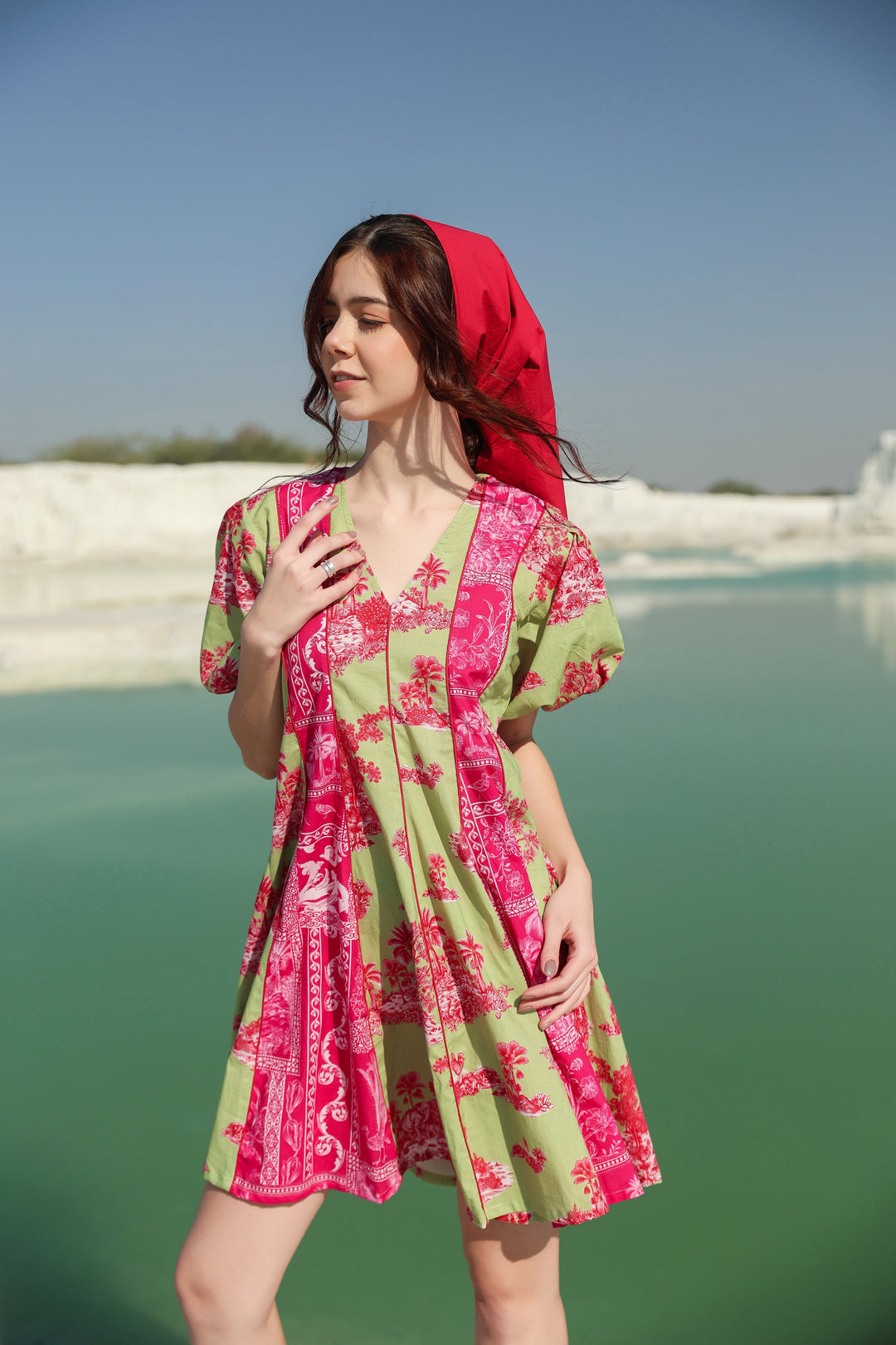 Hot summery pink green patch Mini dress