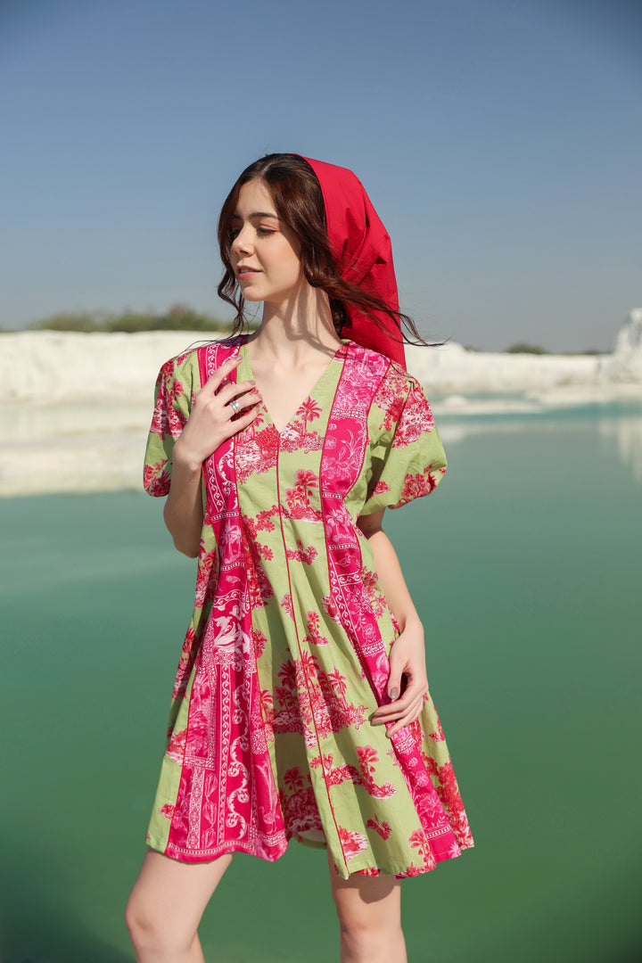 Hot summery pink green patch Mini dress