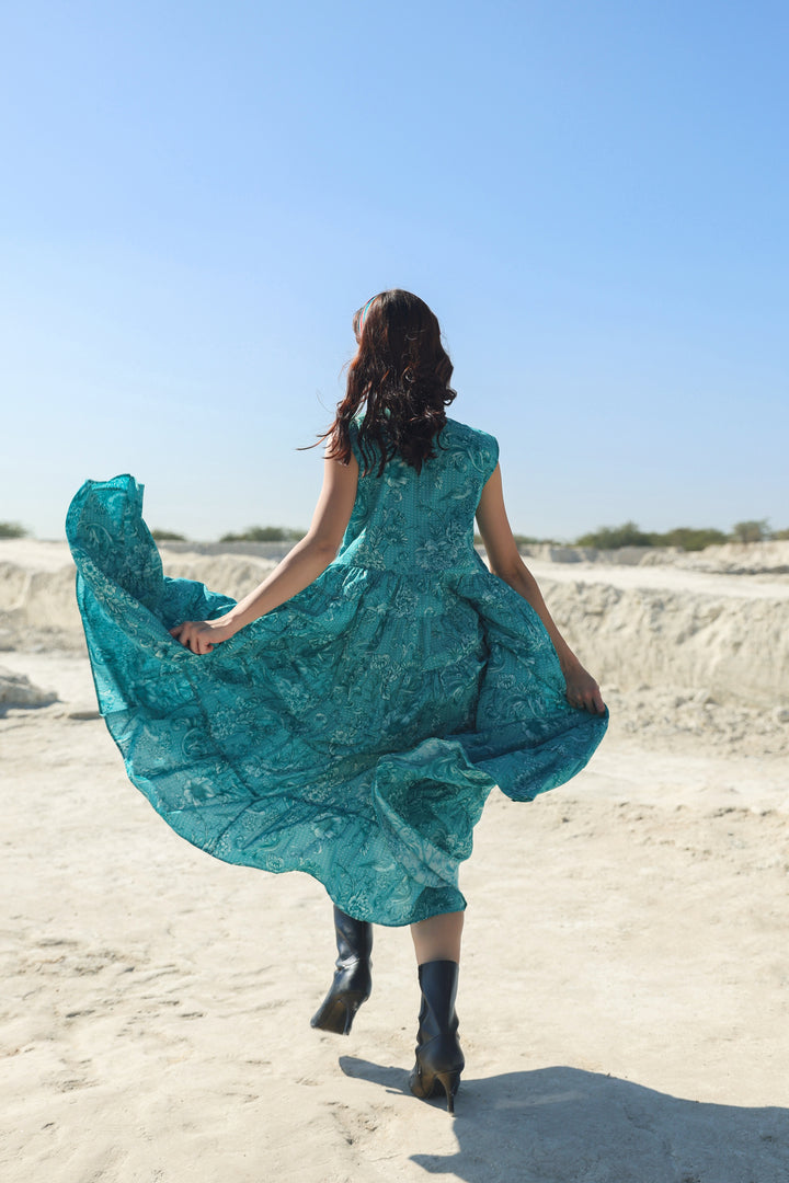 Turqouise blue delicate garden Midi dress